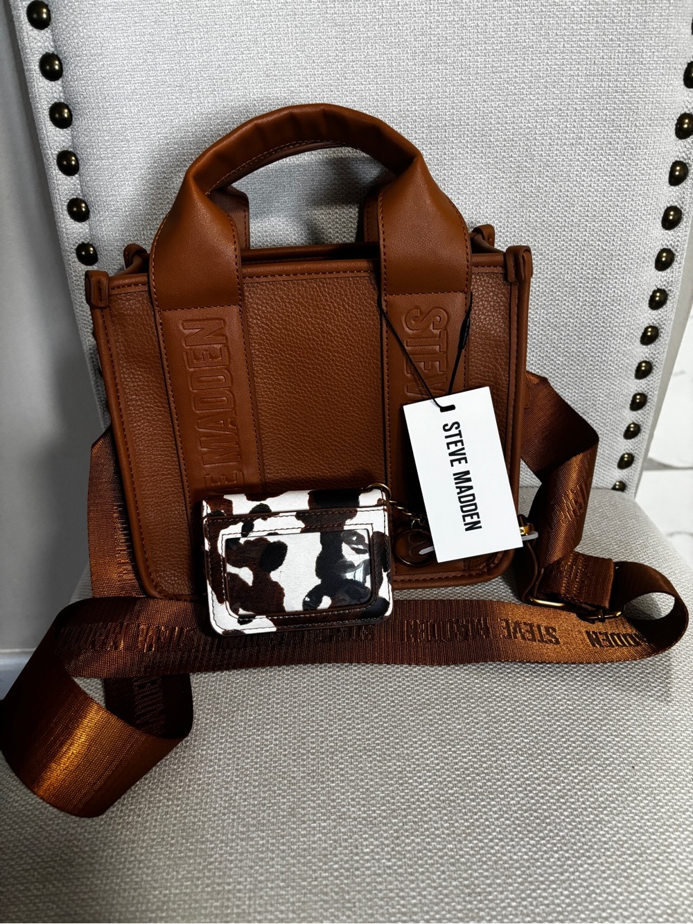 Steve Madden Chestnut Brown Leather Messenger with Animal-Print Card Case